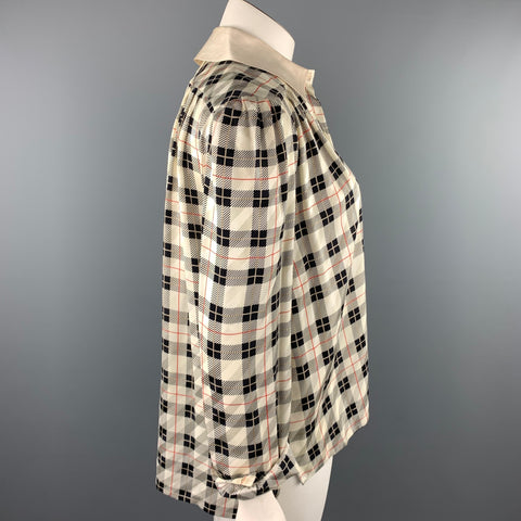VINTAGE Size L Cream & Black Plaid Silk Pleated Blouse