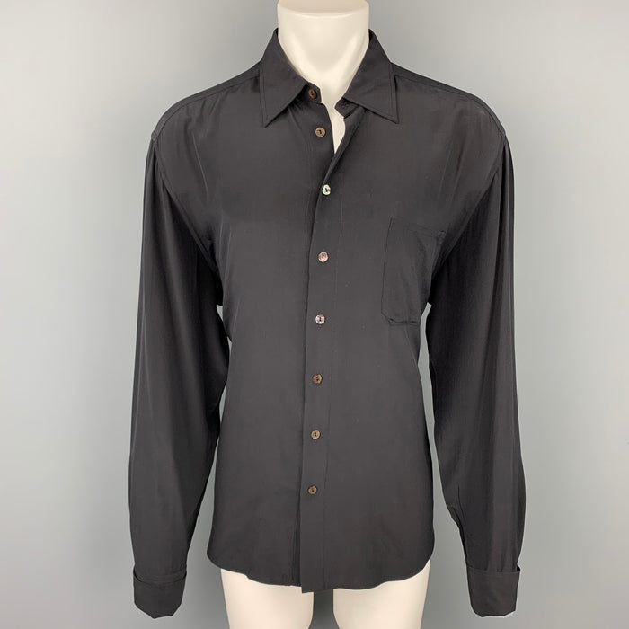 JEAN PAUL GAULTIER Size XL Black Silk French Cuff Corset Back Shirt