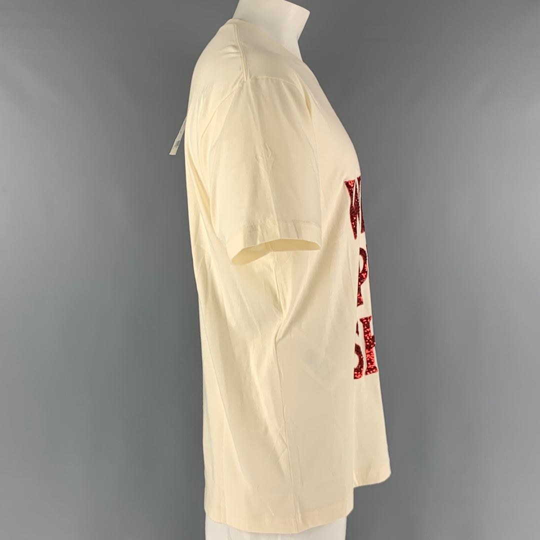 GUCCI Talla M Camiseta con cuello redondo de algodón bordado rojo beige
