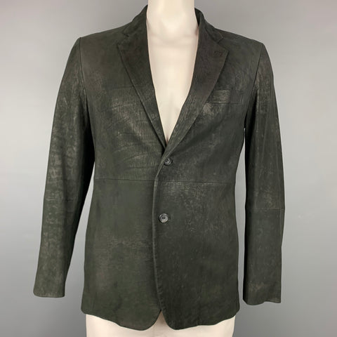 ISSEY MIYAKE Size 42 Black Leather Notch Lapel Sport Coat