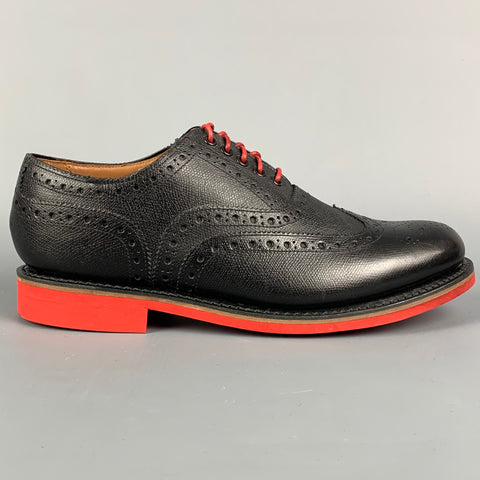 GRENSON Size 8.5 Black & Red Perforated Leather Wingtip Lace Up Shoes