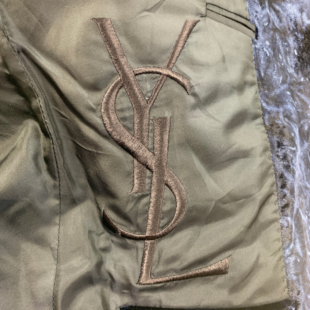 YVES SAINT LAURENT Size 38 Regular Navy Print Velvet Notch Lapel Sport Coat