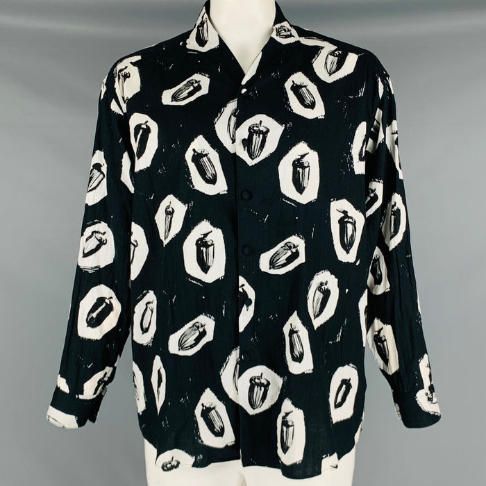 SASQUATCHfabrix Taille L Chemise à manches longues sans col en coton imprimé noir blanc