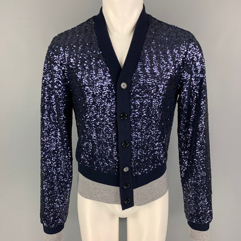 DOLCE & GABBANA Size 38 Navy Grey Sequined Polyester Buttoned Cardigan