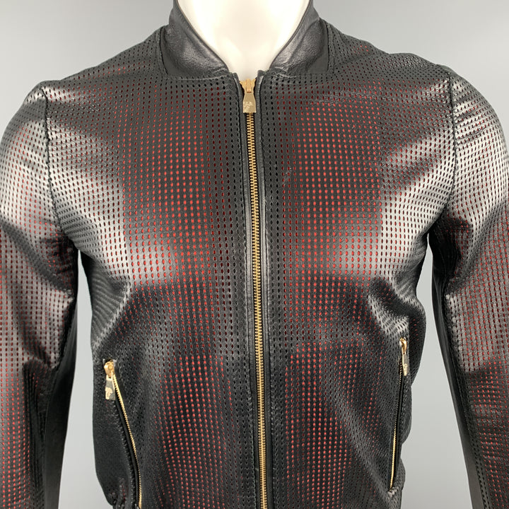 VERSACE COLLECTION Size 34 Black Perforated Leather Medusa Zip Up Jacket