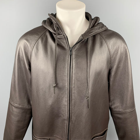 NO BRAND Size L Brown Leather Drawstring Hooded Coat