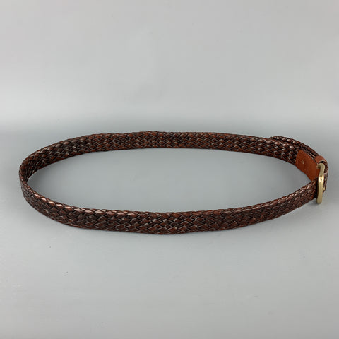 VINTAGE Size 38 Woven Black Leather Gold Brass Buckle Belt