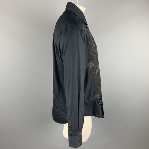 ROBERTO CAVALLI Size L Black Embroidery Cotton Button Up Long Sleeve Shirt
