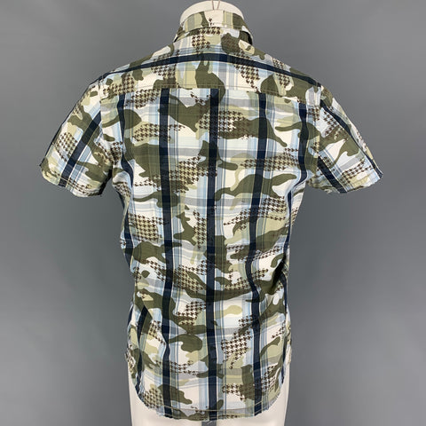 SIXTY Size M Olive Navy Plaid Cotton Button Up Short Sleeve Shirt
