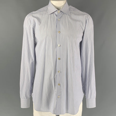 KITON Size XL White & Navy Stripe Cotton Button Down Long Sleeve Shirt