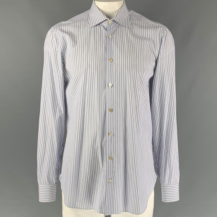 KITON Size XL White & Navy Stripe Cotton Button Down Long Sleeve Shirt