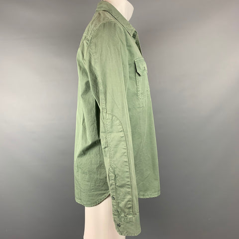ADRIANO GOLDSCHMIED Size L Olive Cotton Elbow Patches Long Sleeve Shirt