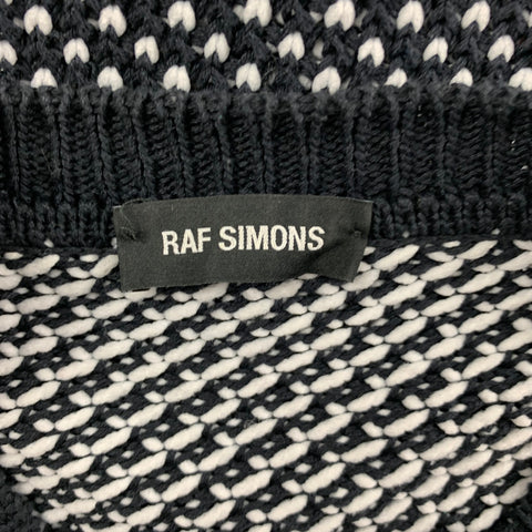 RAF SIMONS Size L Black White Knit Cotton Blend Crew-Neck Sweater