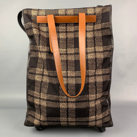 FENDI Brown & Yellow Plaid Canvas Leather Yellow Roller Luggage Travel Bag
