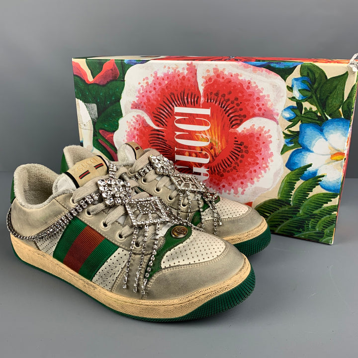 GUCCI Size 8 Off White Distressed Leather Lace Up Crystal Screener Sneakers