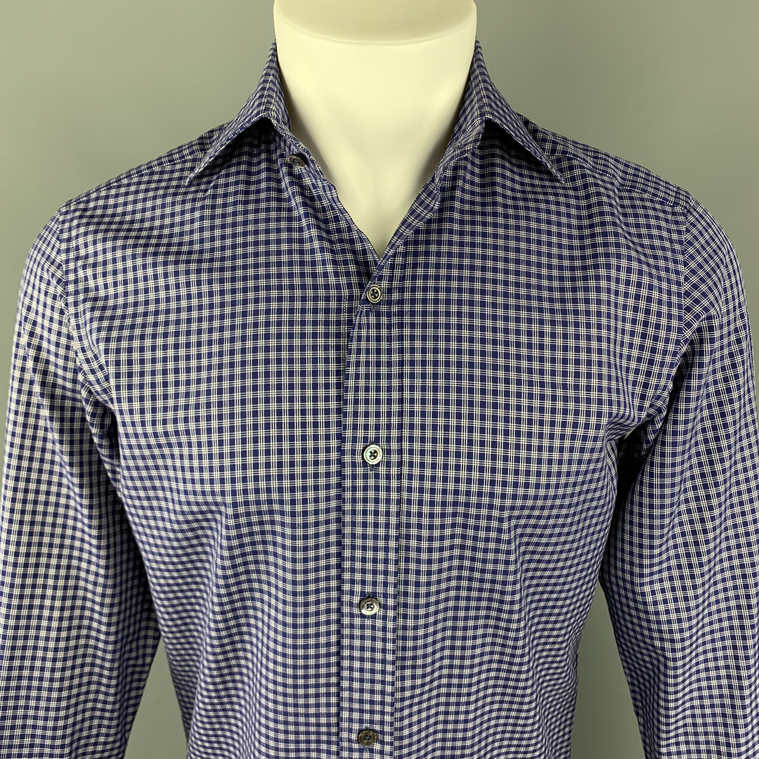 TOM FORD Size S Navy & White Plaid Cotton Button Up Long Sleeve Shirt