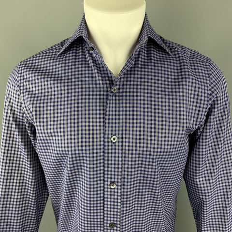 TOM FORD Camisa de manga larga con botones de algodón a cuadros azul marino y blanco talla S