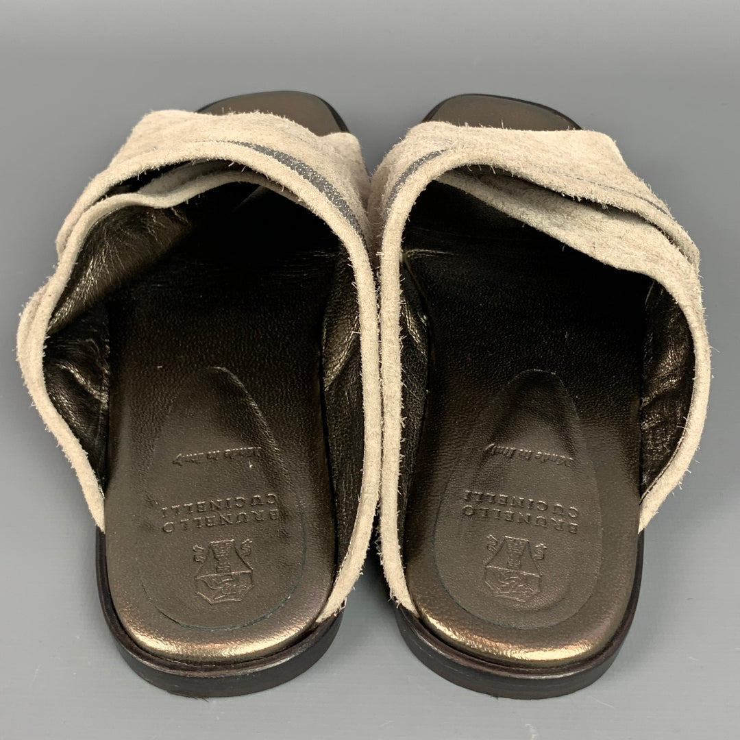 BRUNELLO CUCINELLI Size 8.5 Grey & Silver Suede Criss-crossed Slip On Flats