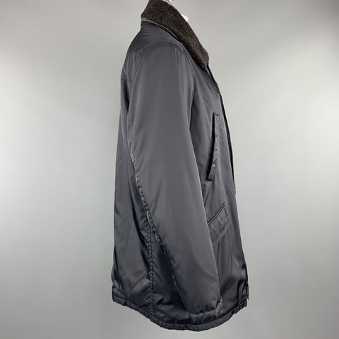 PRADA Size 46 Navy Nylon Hidden Placket Brown Lamb Shearling Collar Coat