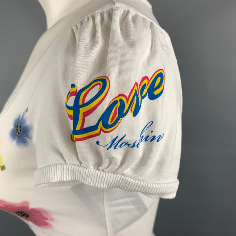 LOVE MOSCHINO Size 4 White Multicolor Cotton / Elastane Flower Rhinestones T-Shirt
