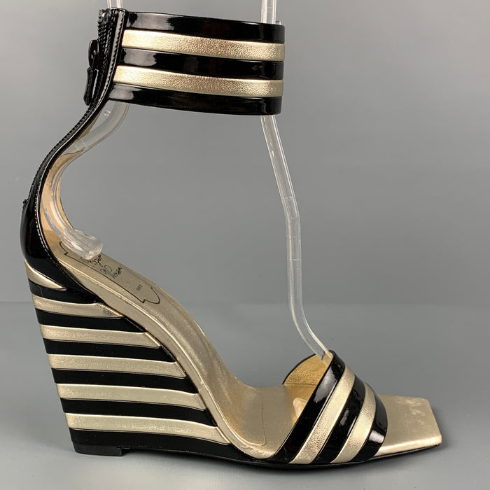 ROGER VIVIER Size 7.5 Black Gold Stripe Patent Leather Wedge Sandals