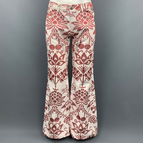 GUCCI by TOM FORD S/S 2000 Size 34 White & Red Embroidery Cotton 34 Bell Bottom Jeans