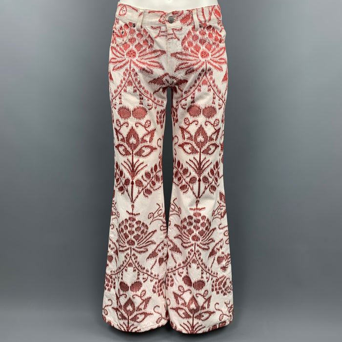 GUCCI by TOM FORD S/S 2000 Size 34 White & Red Embroidery Cotton 34 Bell Bottom Jeans