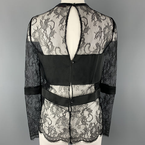 EMANUEL UNGARO Size 2 Black Lace Satin Stripe Panel Blouse