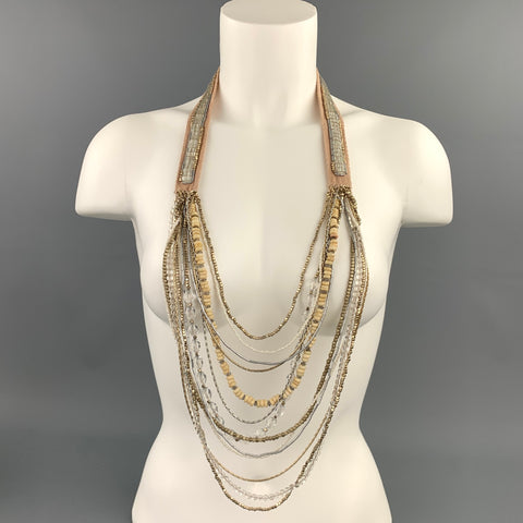 VINTAGE Beige Beaded Cotton Ribbon Layered Necklace