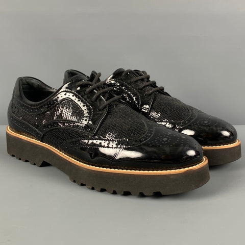 HOGAN Talla 7.5 Zapatos con cordones y punta de ala de charol perforado negro