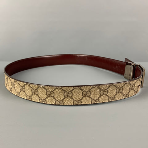 GUCCI Size 36 Beige Brown Guccisima Logo Leather Coated Canvas Reversible Belt