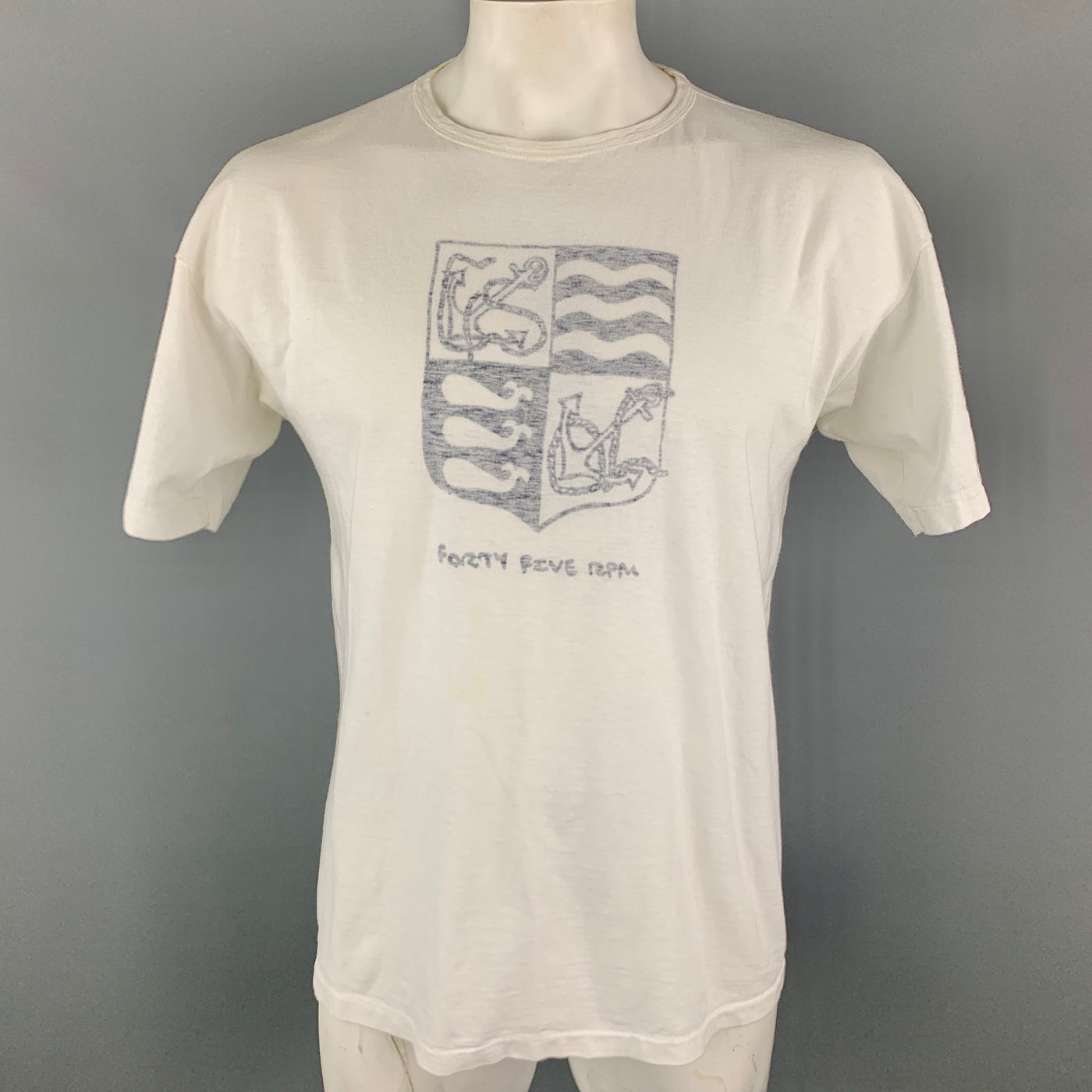 45rpm Size M White Anchor Crest Vintage Effect Cotton Crew-Neck T-shirt