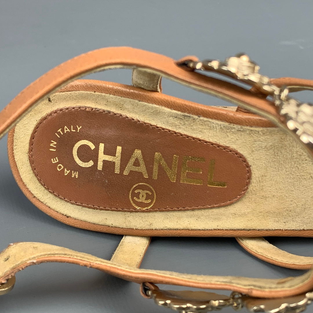 CHANEL Camelia Size 6.5 Tan & Gold Leather T-strap Cork Wedge Sandals