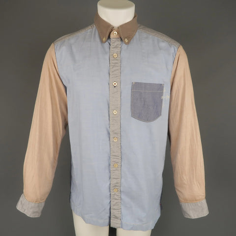 45rpm Size M Blue Gray & Tan Color Block Chambray Long Sleeve Shirt 45rpm