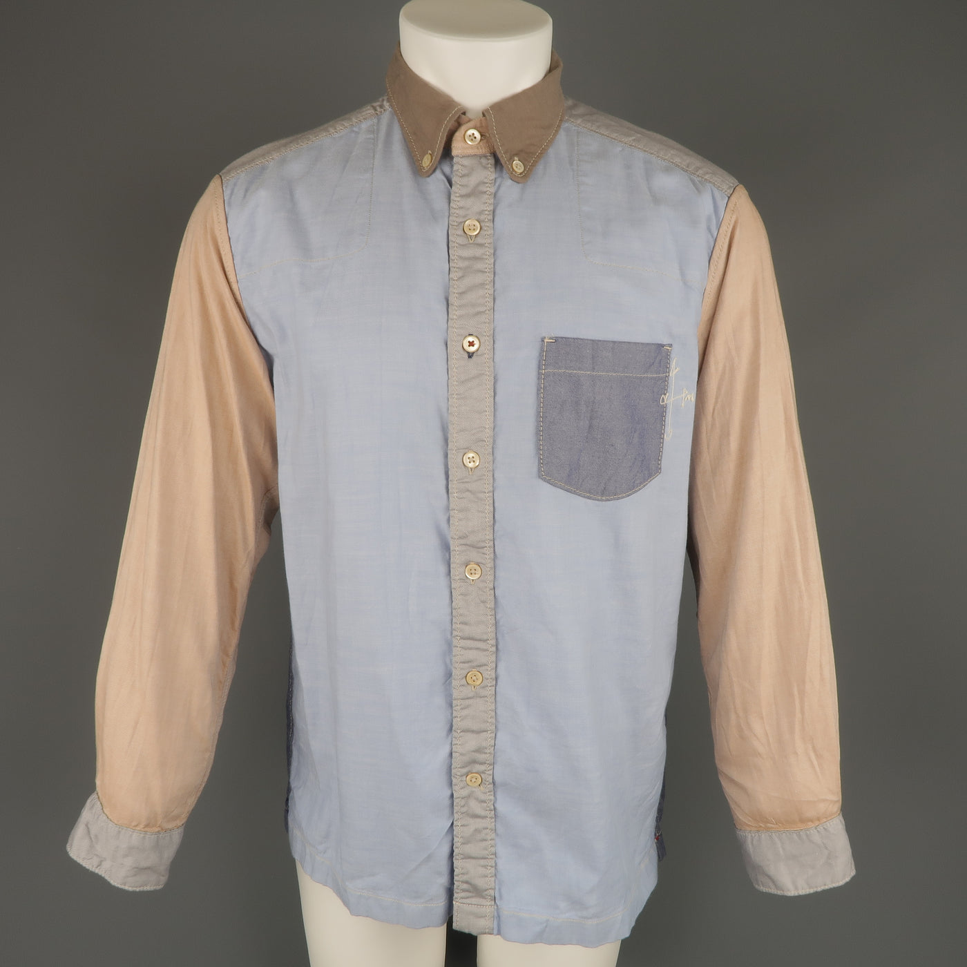 45rpm Size M Blue Gray & Tan Color Block Chambray Long Sleeve Shirt