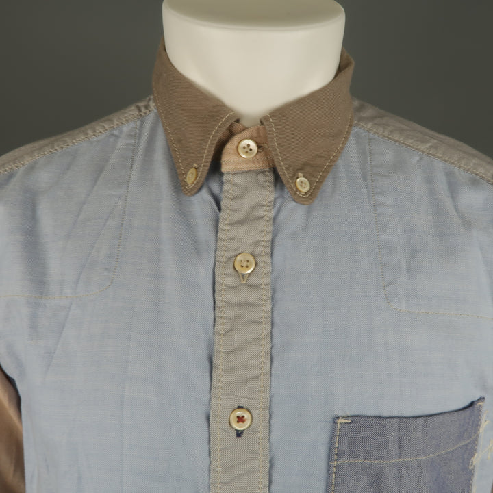 45rpm Talla M Camisa de manga larga de cambray con bloques de color azul, gris y tostado 