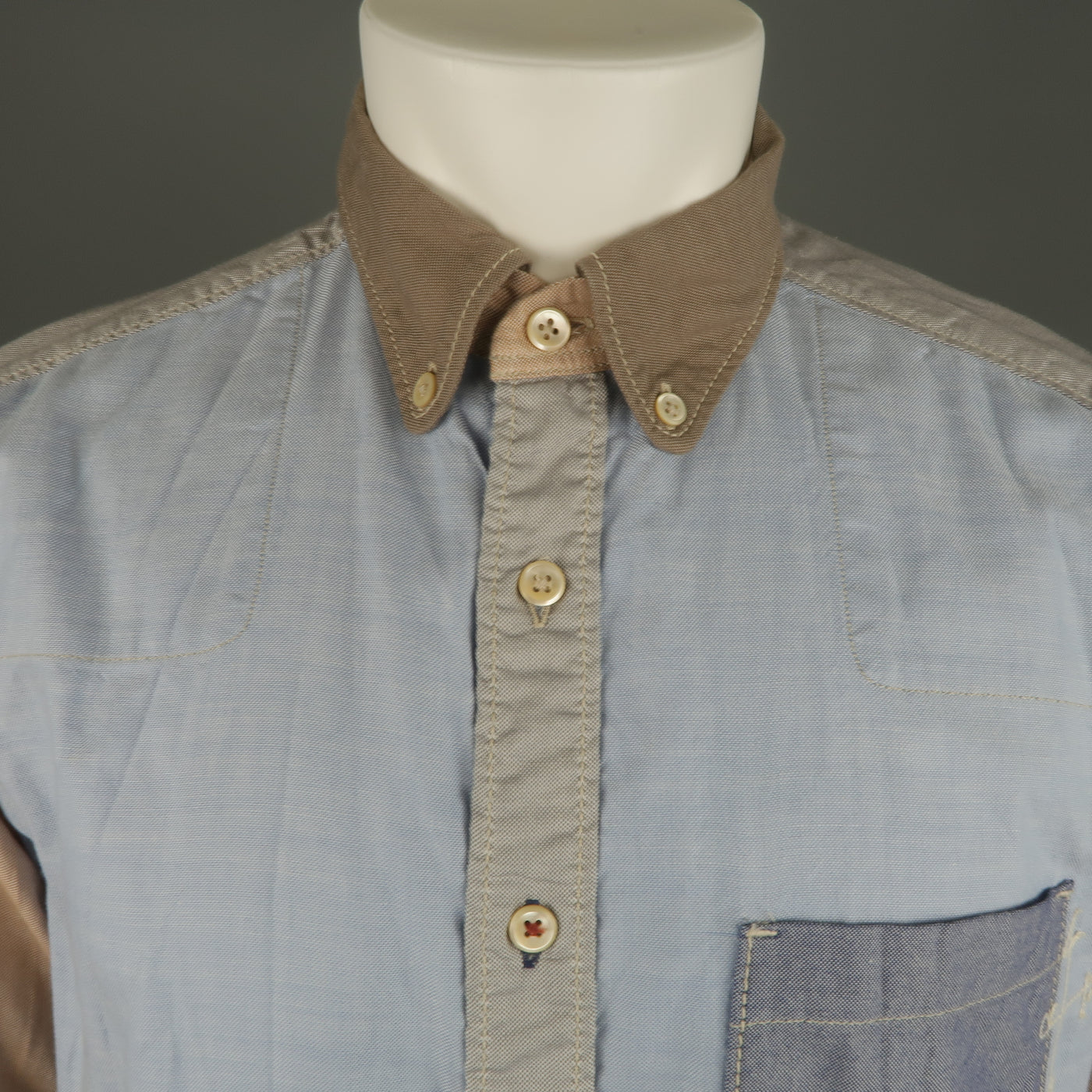45rpm Size M Blue Gray & Tan Color Block Chambray Long Sleeve Shirt