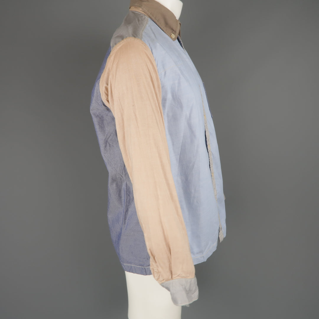 45rpm Talla M Camisa de manga larga de cambray con bloques de color azul, gris y tostado 