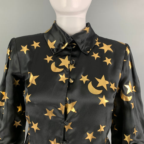 GUCCI Size 2 Black Gold Silk Stars Blouse