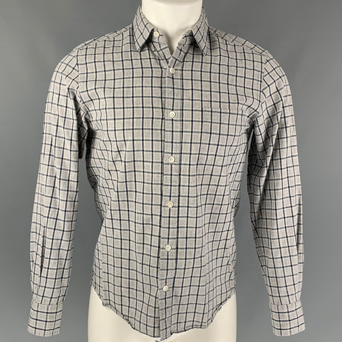 UNIVERSAL LANGUAGE Talla M Camisa de manga larga con botones de algodón a cuadros azul grisáceo