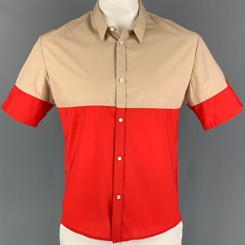 STEPHAN SCHNEIDER Size XL Khaki Red Color Block Wool Cotton Short Sleeve Shirt
