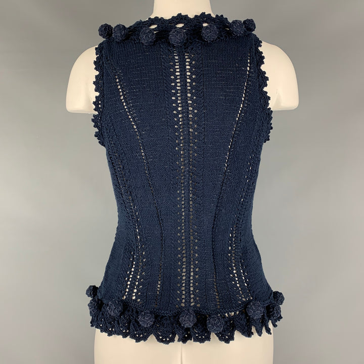 OSCAR DE LA RENTA Size M Navy Cotton Crochet Sleeveless Casual Top