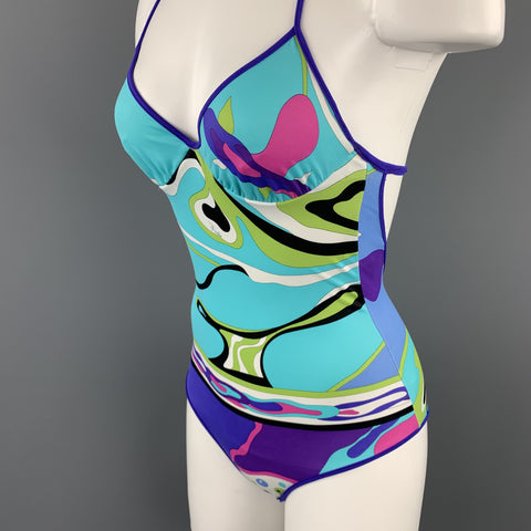 EMILIO PUCCI Size 4 Turquoise & Purple Print One Piece Halter Swimsuit