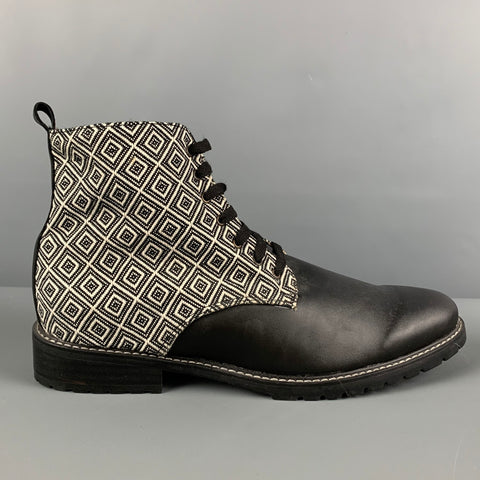 XICARU Size 12 Black White Mixed Materials Fabric Lace Up Boots