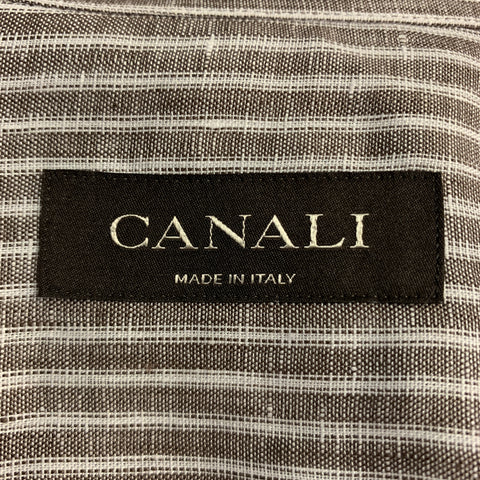 CANALI Size M Brown Stripe Linen Spread Collar Pocket Long Sleeve Shirt