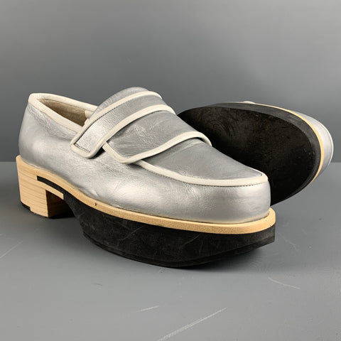JIL SANDER Size 10 Silver White Leather Contrast Trim Platform Flats