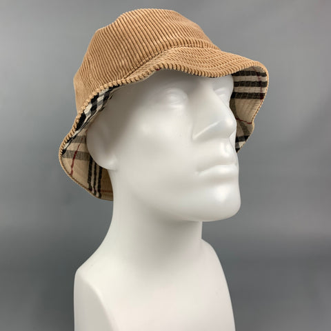 BURBERRY LONDON Beige & Tan Plaid Corduroy Cotton Reversible Bucket Hat