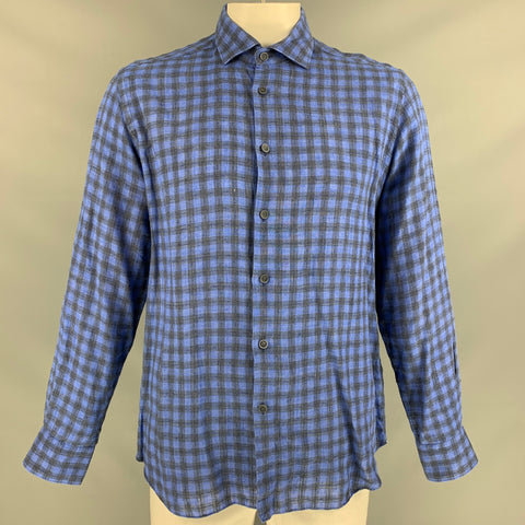 SAKS FIFTH AVENUE Size L Blue Black Checkered Linen Long Sleeve Shirt