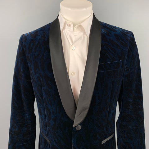 VERSACE COLLECTION Size 40 Navy & Black Leopard Print Shawl Collar Sport Coat