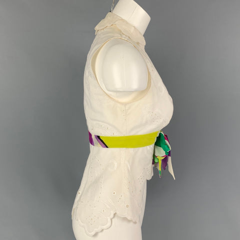 EMILIO PUCCI Size 8 Cream Multi-Color Cotton Embroidered Sleeveless Blouse